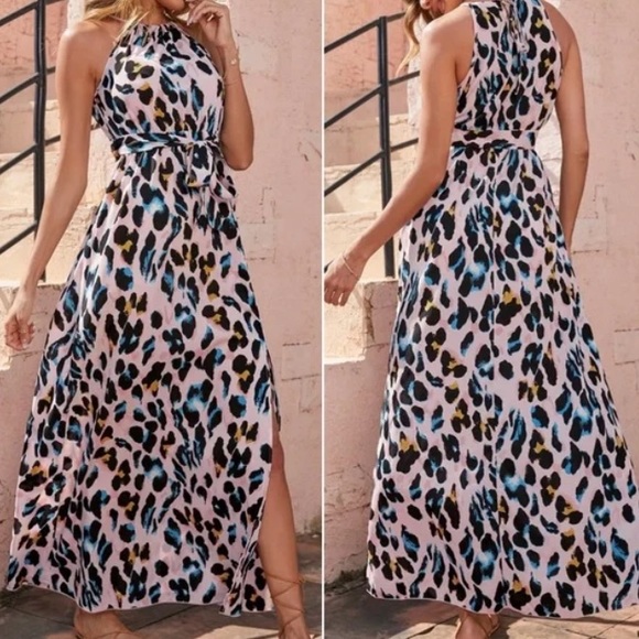 Boho Leopard Print Belted Halter Maxi Dress - Picture 3 of 6